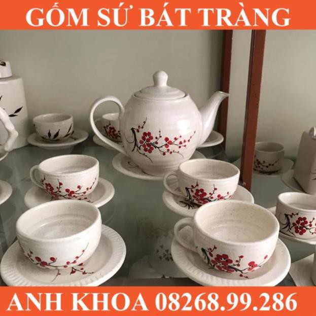 Ấm chén hoa đào men trắng - Gốm sứ Bát Tràng Anh Khoa