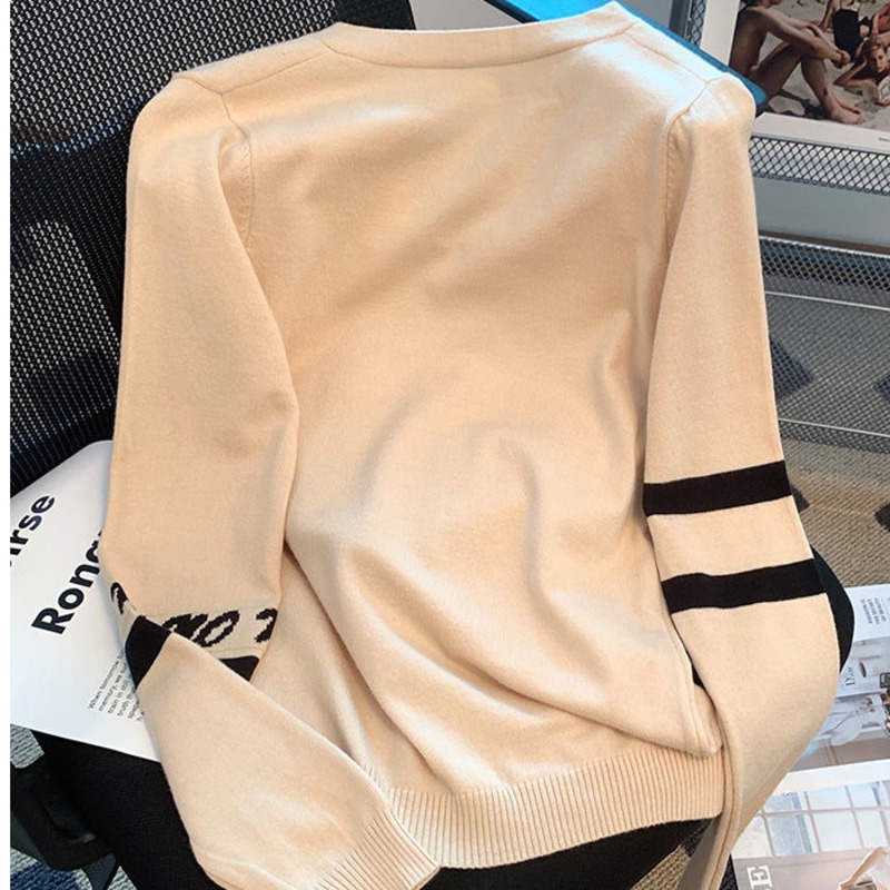 Áo Sweater Dệt Kim Tay Dài Dáng Rộng Thiết Kế Cổ Chữ V Phối Nơ Thiết Kế Mới