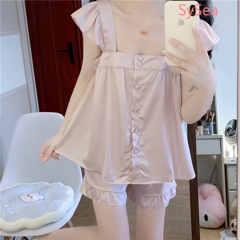 Set Đồ Ngủ Gồm Áo Hai Dây Cổ Vuông Và Quần Short Thời Trang Mùa Hè