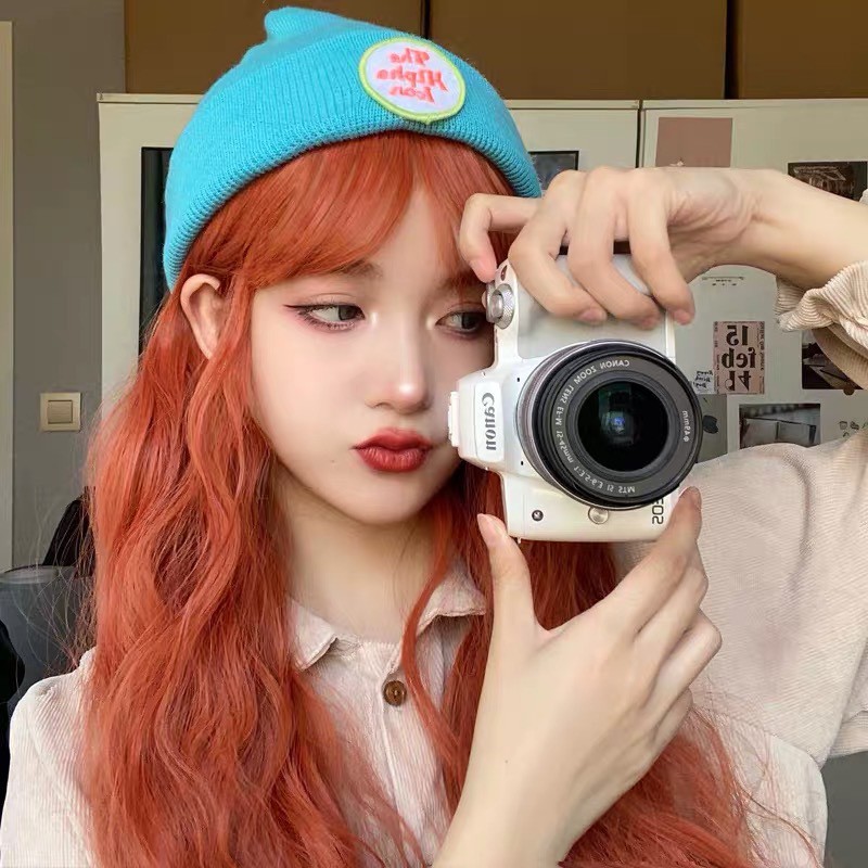 Bộ Tóc Giả Nữ Xoăn Dài Màu Cam Cá Tính