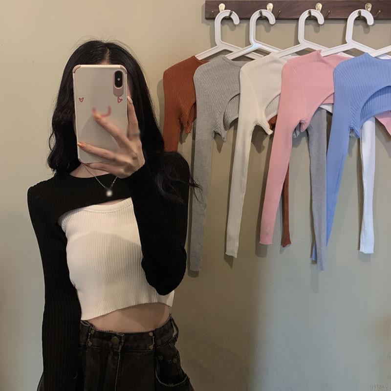 Áo dệt kim dài tay/áo hai dây ngắn ôm dáng phong cách Hàn Quốc đơn giản dễ phối đồ