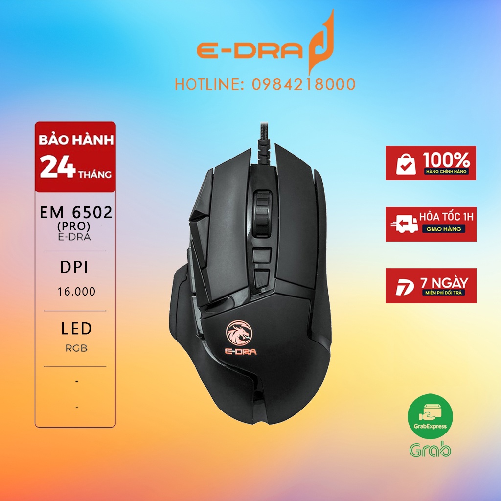 Chuột Gaming E-Dra EM6502 PRO - Chống nước - 50 triệu lượt click, 16000 DPI, LED RGB - Bảo hành 24 tháng