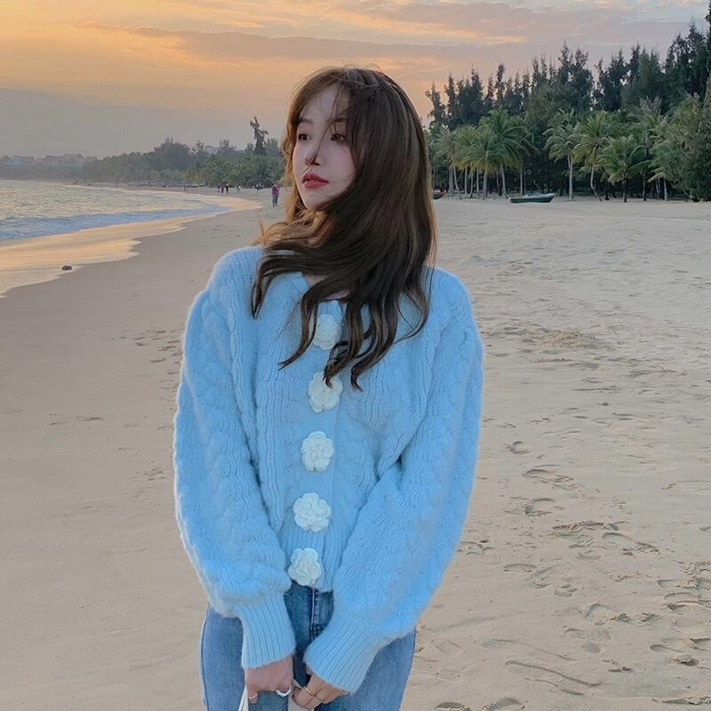 Áo Sweater Dệt Kim Màu Xanh Sữa Mềm Mại Phong Cách Nhật Bản Dễ Thương Cho Nữ