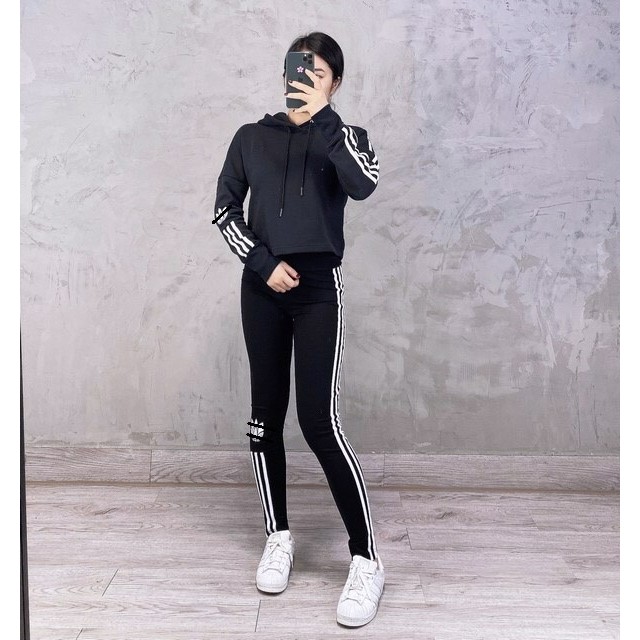 Áo Hoodie 3D Trefoil Cropped - Black