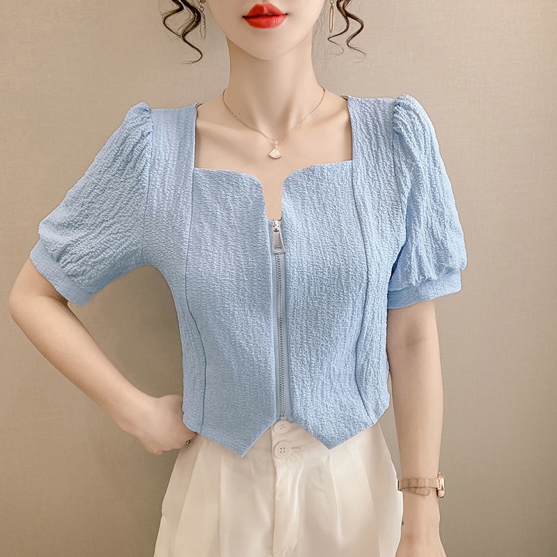 Áo Sơ Mi Tay Ngắn Phồng Cổ Vuông Phối Khóa Kéo Thời Trang Mới