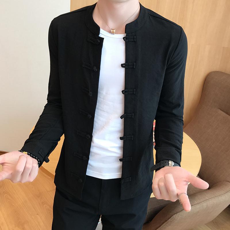 ☊❀✜Áo sơ mi nam phong cách Trung Quốc dài tay nút phụ Tang áo sơ mi cotton và vải lanh màu đặc Trung Quốc cổ điển cộng v