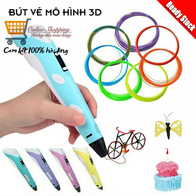 Bút vẽ 3D sống động nhiệt độ cao pla kèm 3m vật liệu và cáp sạc