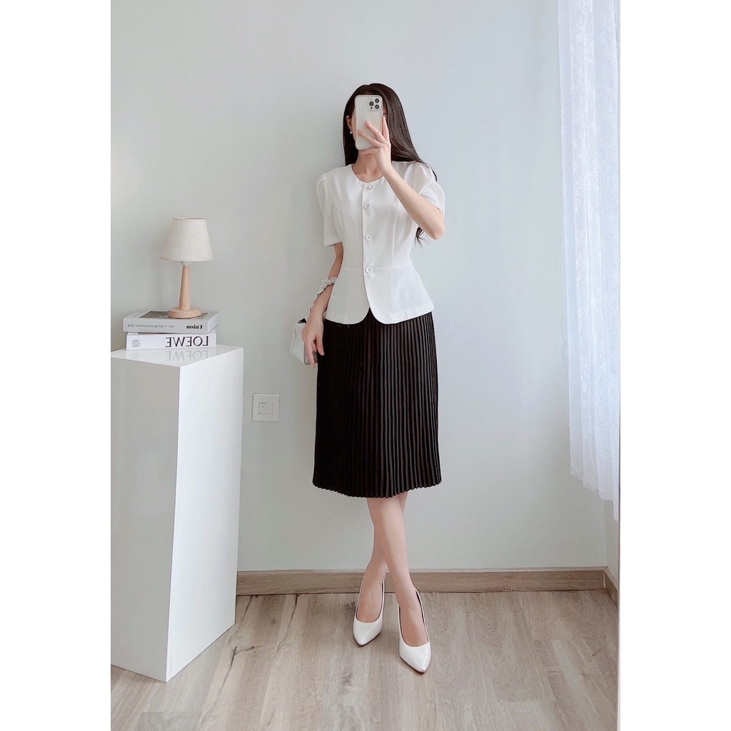Áo ký giả công sở mix váy xếp ly, áo cài hoa nơ thiết kế tôn dáng váy xếp ly sang xịn Evafashion tặng kèm tag hoa cài