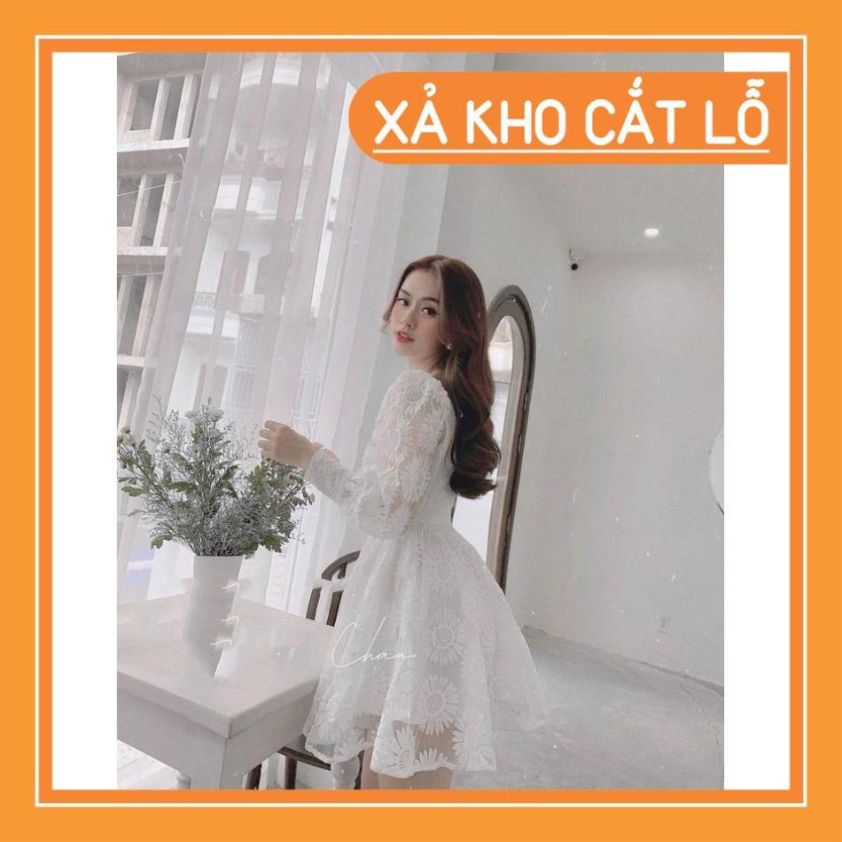 [Quần Áo Hot] Đầm ren hoa cúc tay dài bồng phối nút bọc sang chảnh [KÈM ẢNH THẬT]