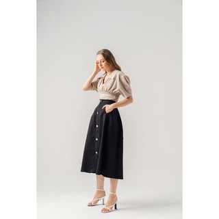 [AT MODA DE LITA] Chân váy midi hàng cúc giữa Black Skirt Bat