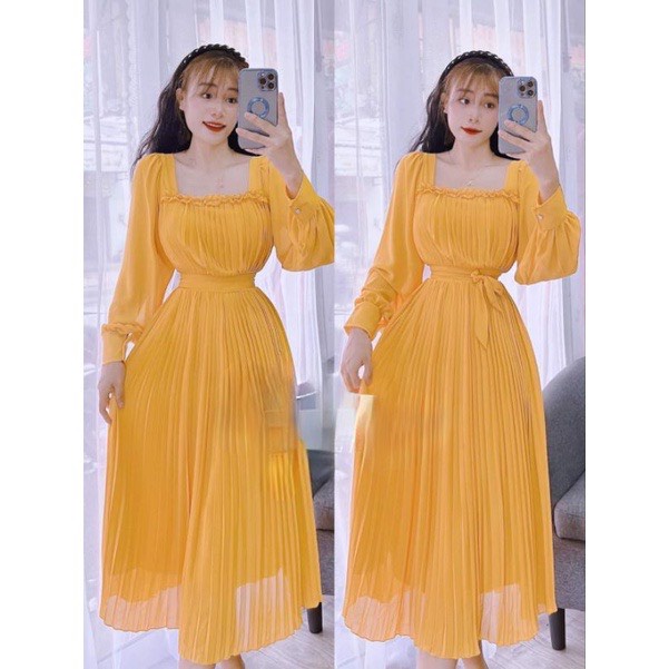 Đầm váy dự tiệc dáng xòe cổ vuông tay phồng thiết kế 5 màu  phù hợp đi cưới, đi tiệc