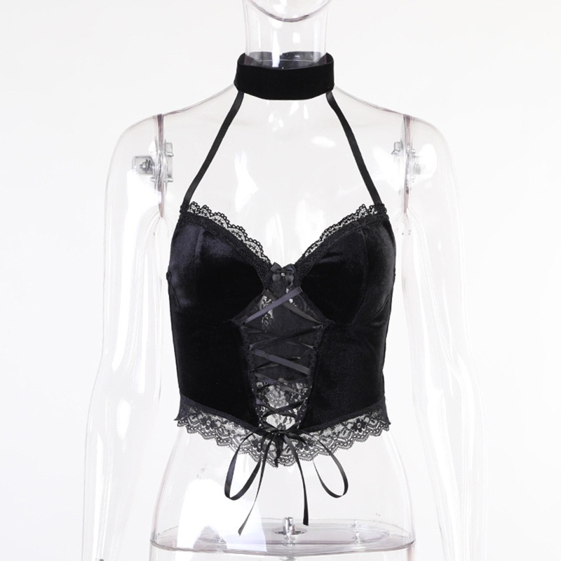 Áo croptop hai dây cổ chữ v khoét sâu bằng vải nhung viền ren phong cách gothic quyến rũ dành cho nữ