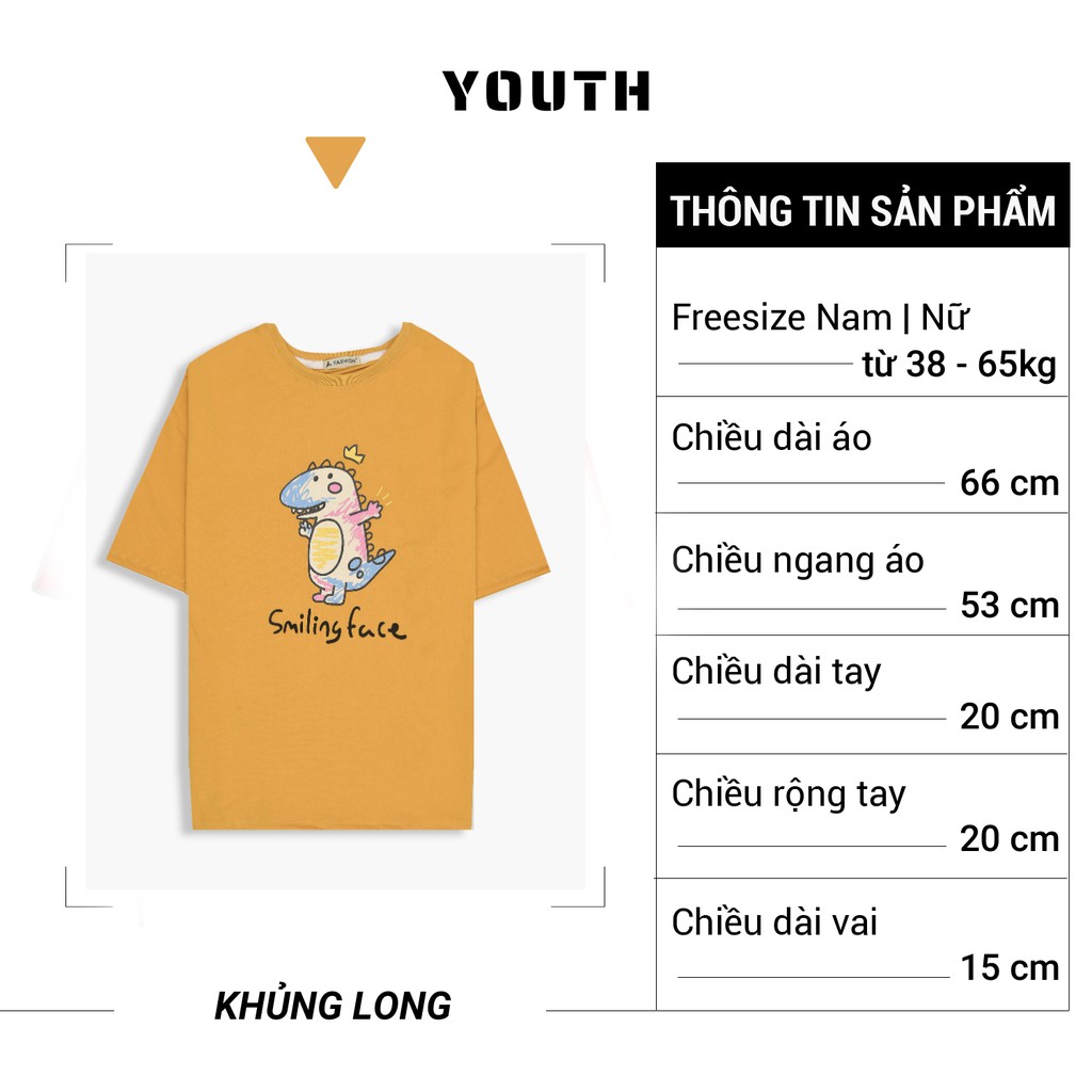 Áo thun nam nữ unisex YOUTH form rộng cổ tròn tay lỡ vải Cotton xịn FreeSize(38-65Kg) - Khủng Long Face - AP41