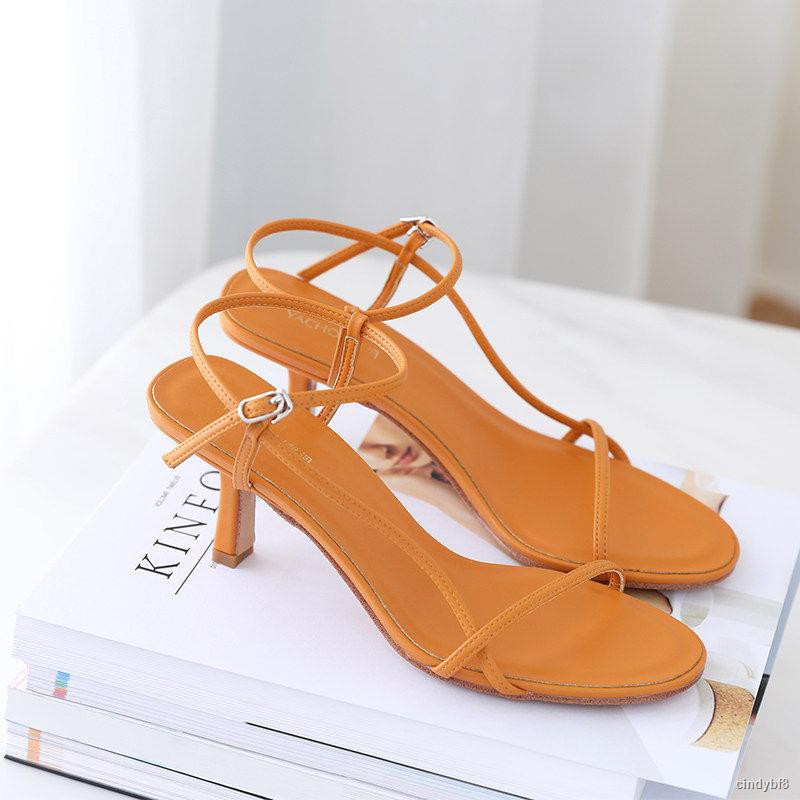 Giày sandal cao gót hở ngón màu trắng/xanh dương phối khóa cài thời trang nữ