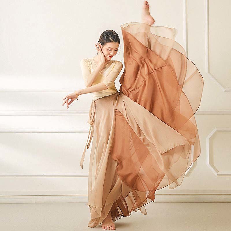 Chân Váy Voan Xòe Hai Lớp Cột Dây 720 Độ Phong Cách Dân Tộc Thanh Lịch Dùng Biểu Diễn Sân Khấu