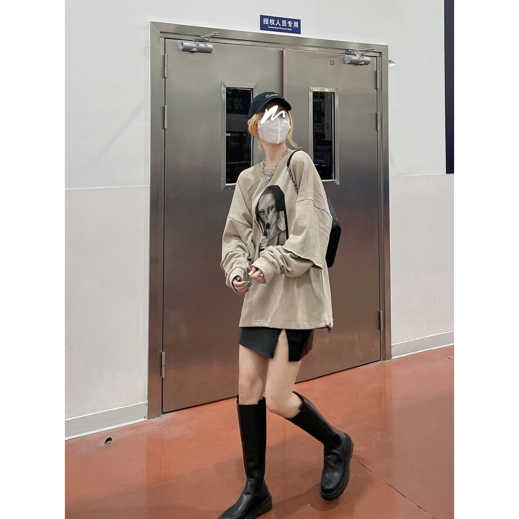 Áo thun nữ dáng rộng tay dài in hình đơn giản thời trang Hàn Quốc