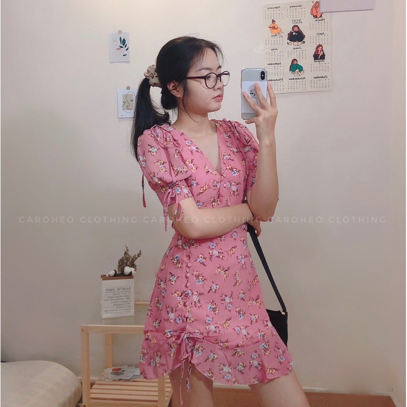 Đầm Hoa Nhí Tay Phồng Thắt Dây