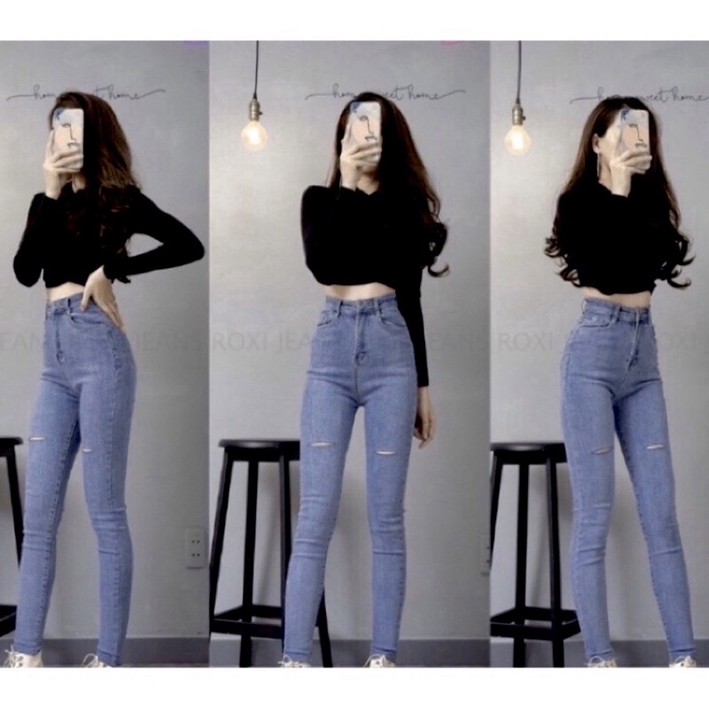 Quần Jean Skinny Rách 2 Đùi Ngang, Lưng Cao Qua Rốn, Chất Co Giãn 2 Màu Đen/Xanh Nhạt