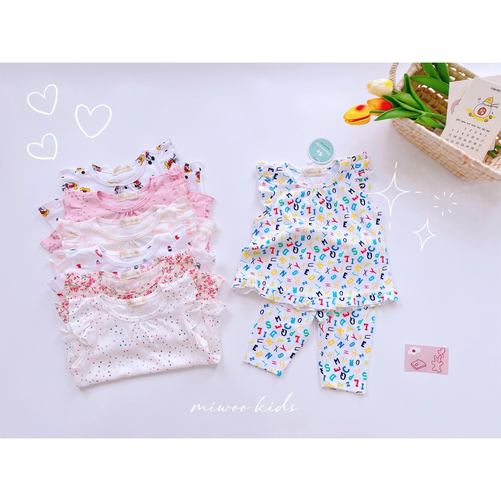 (7-21kg)Bộ thun cotton lửng cánh tiên Miwoo kids họa tiết siêu dễ thương cho bé gái bảng màu 3(ảnh thật)