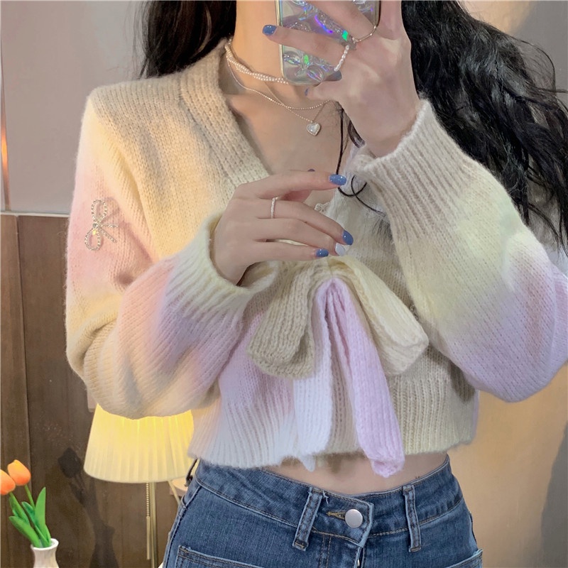 áo khoác len cardigan nữ mùa thu đông hàn quốc áo len đan nơ