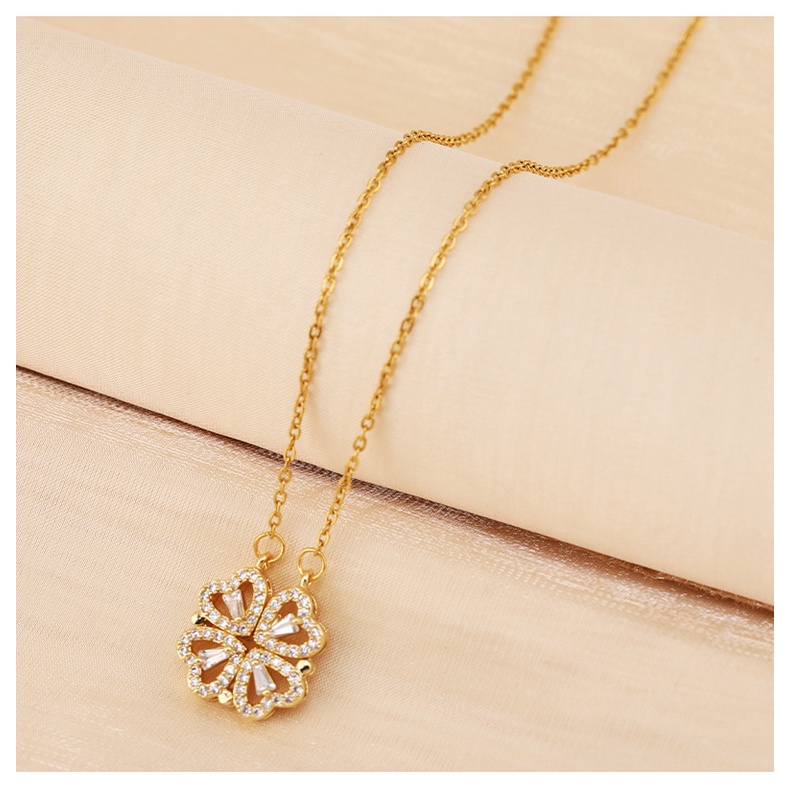 Vòng cổ Hình Cỏ Bốn Lá Đính Đá zircon Hình Trái Tim Dạng Mở Dành Cho Nữ