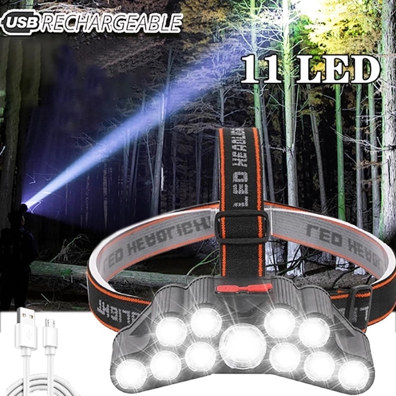 Đèn Pin Đeo Đầu 11 Bóng LED Siêu Sáng 4 Chế Độ Chống Thấm Nước Có Thể Sạc Lại Bằng USB