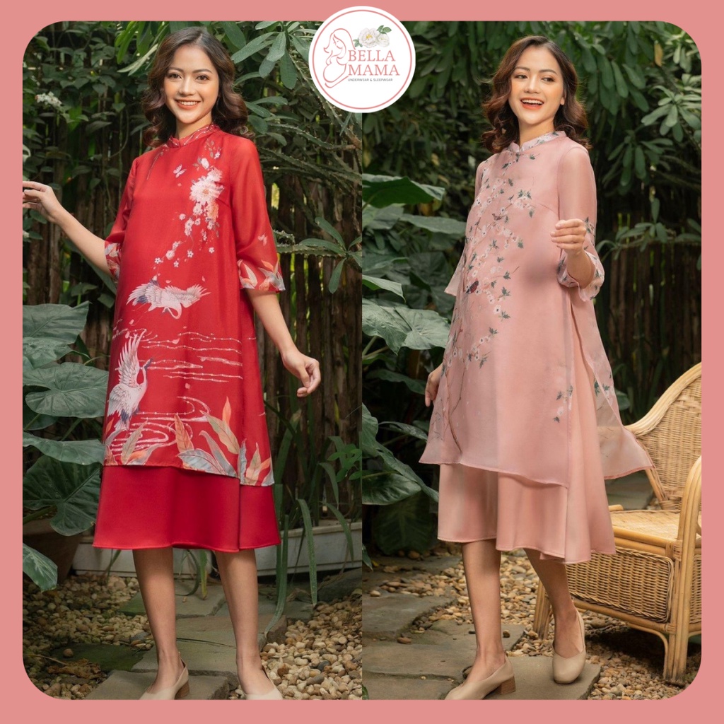 Áo Dài Bầu Sang Trọng Tơ Họa Tiết Pha Lụa Mềm Mát Đủ Size Cho Mẹ Bầu Và Sau Sinhtừ 47-85kg Bella Mama - D124