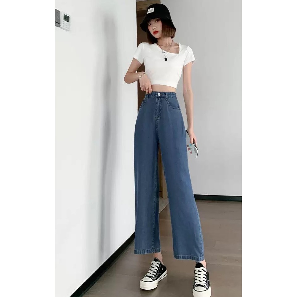 [ VỮNG BƯỚC ] QUẦN JEAN ỐNG RỘNG NỮ FORM DÀI RỘNG LƯNG CAO MÀU XANH NHẠT XANH ĐẬM HOT HIT THỜI TRANG BABO