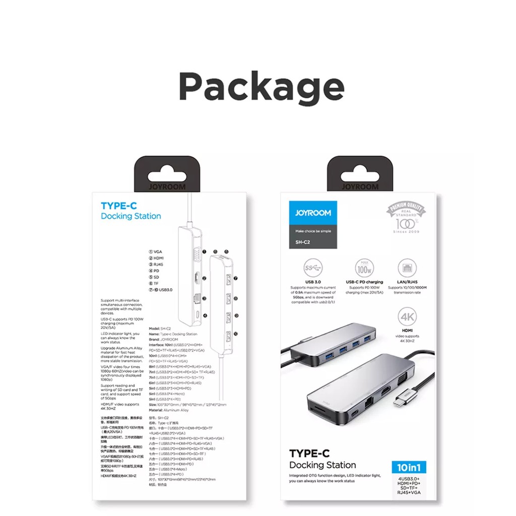 Hub chuyển đa năng Joyroom 10 in 1 (Type C to 2xUSB 3.0; 2xUSB 2.0; HDMI+PD+SD+TF+RJ45+VGA)