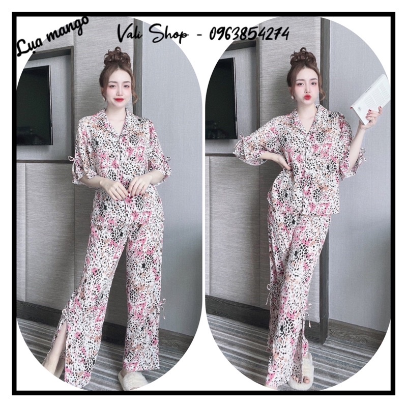 Đồ ngủ mặc nhà lụa mango tay ngắn quần dài hoạ tiết freesize 42-57kg