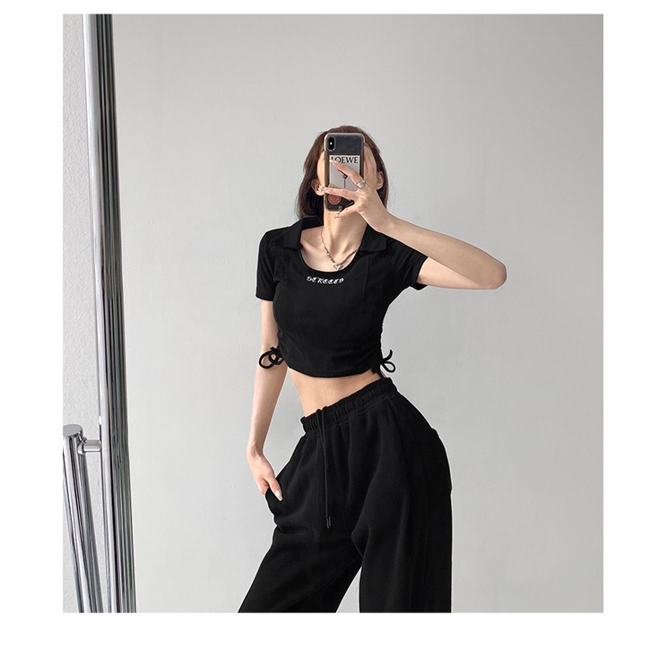 Áo thun MMIOT ngắn tay cổ chữ U phối dây rút thêu chữ thời trang mùa hè 2023 cho nữ