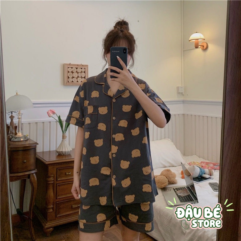 Bộ Ngủ Nữ Gấu Đen Ulzzang Cute Form Rộng - Pijama Bigsize Hè Bộ Mặc Nhà Cộc Tay - Quần Đùi Ngắn Hot Trend - Daube - S004