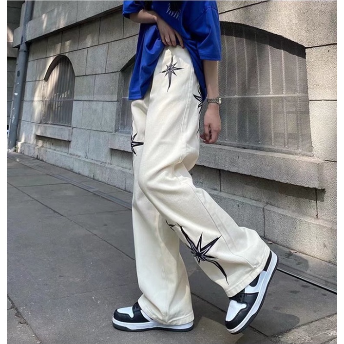 Quần Jean Ống Rộng Plus Size Thêu Hình Ngôi Sao Phong Cách Retro Mỹ Cho Nam Nữ