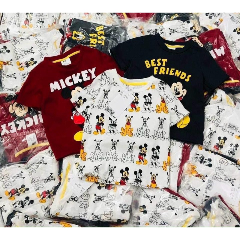 Sét 3 áo cộc tay MICKEY &amp; FRIENDS chất cotton màu đen trắng đỏ cho bé trai và bé gái