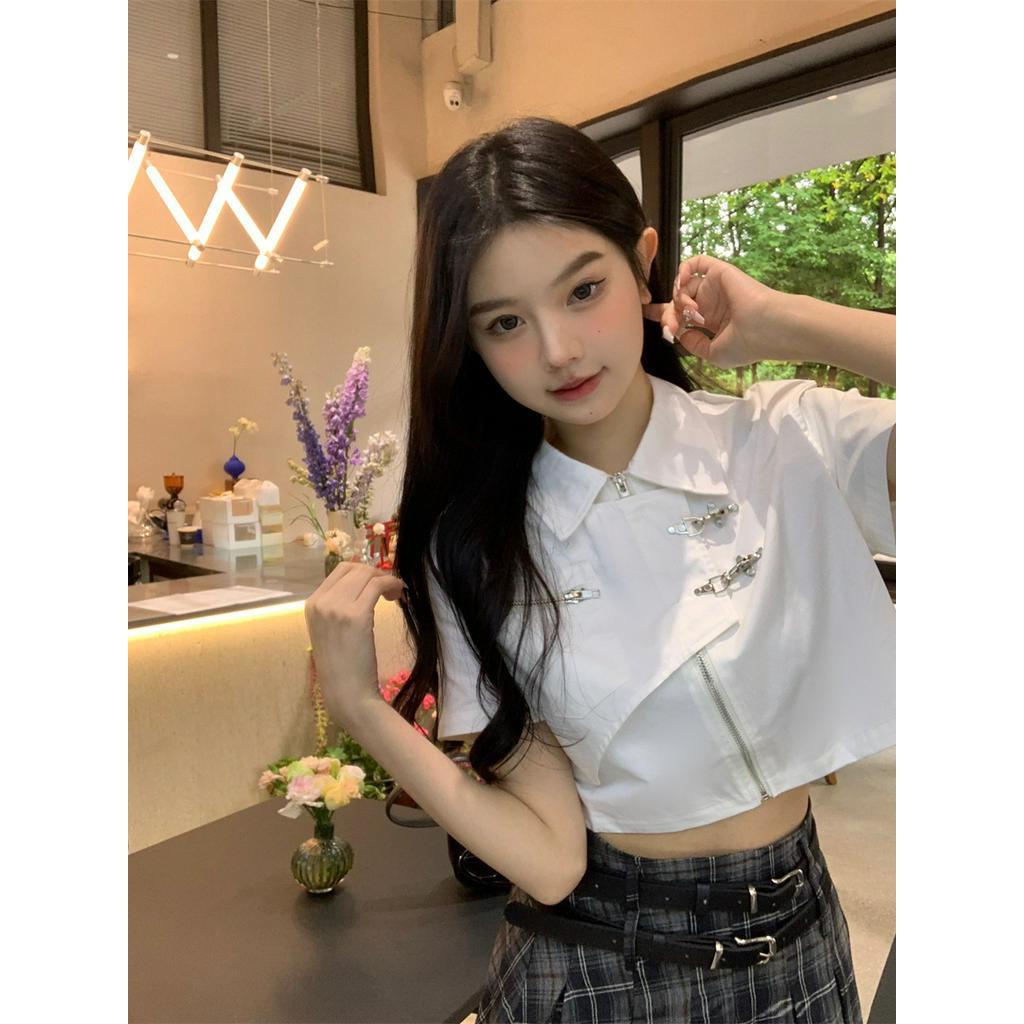 Áo sơ mi croptop Khóa Kim Loại  Zipper ,, Áo Ngắn Áo Sơ Mi Nữ