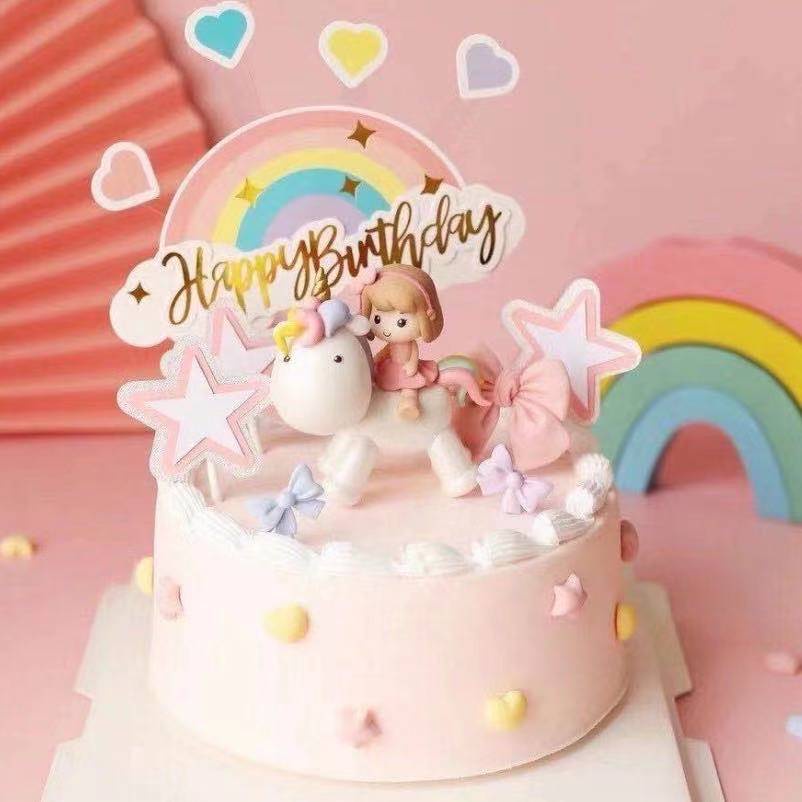Thẻ Trang Trí Bánh Kem Hình Kỳ Lân / Ngôi Sao / Mặt Trăng / Cầu Vồng Ba Lớp