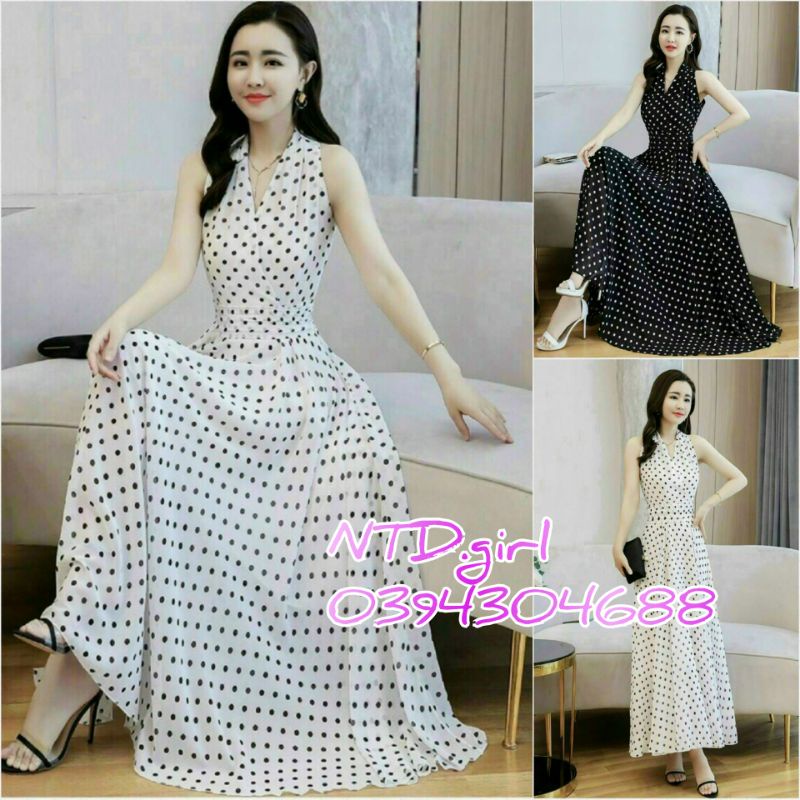 Đầm maxi dáng xòe không tay chấm bi, váy dự tiệc cổ V xinh xắn - DTH