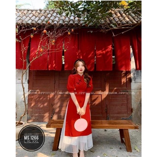 Set đồ tết bigsize áo dàicổ tàu nút chéo đỏ + chân váy dập ly bigsize