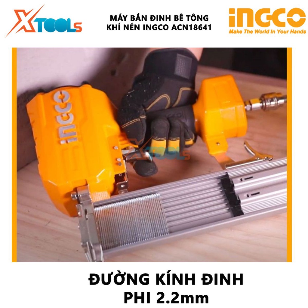 Máy bắn đinh bê tông INGCO ACN18641 | Súng bắn đinh hơi Khả năng chứa đinh 70 pcs, Chiều dài đinh 18-64mm  gắn đinh tườn