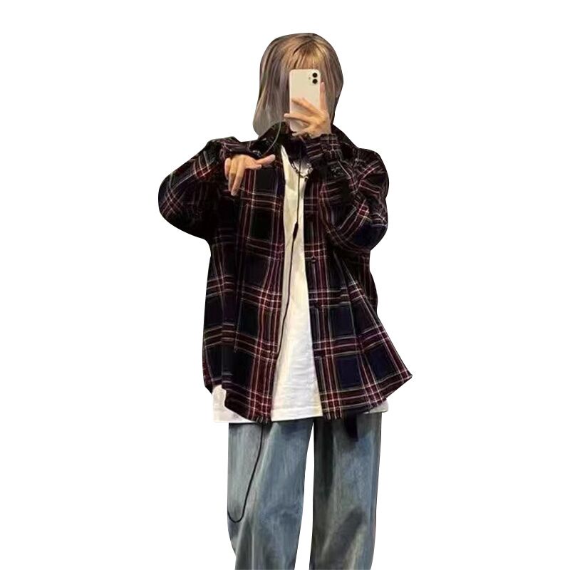 【ZHELIHANGFEI】Áo Sơ Mi Dài Tay Dáng Rộng Hoa Văn Kẻ Ô Phong Cách Retro