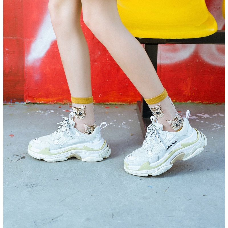 Vớ WAFNHA D422 bằng cotton mỏng trong suốt thoáng khí in hình mèo dễ thương cho nữ