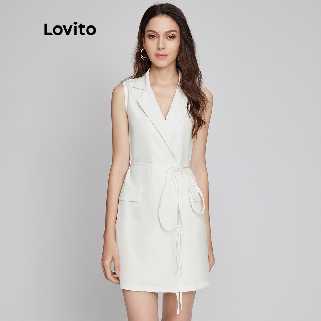 Đầm bodycon Lovito không tay màu trơn cổ áo có khía thắt lưng phong cách cổ điển L26LD056 (màu trắng)