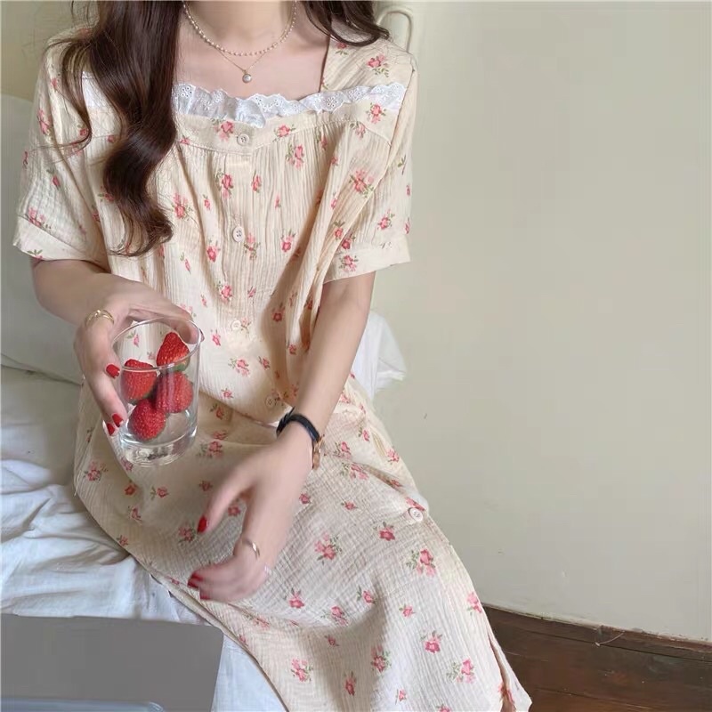 ORDER giá gốc VÁY CỘC TAY DÁNG XUÔNG XÔ MUSLIN HOA HỒNG VÀNG rẻ nhất shopee SẴN HỒNG