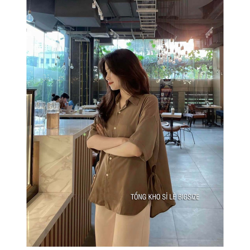 BIGSIZE-Áo sơ mi ngắn tay buộc nơ hông form rộng xinh xắn