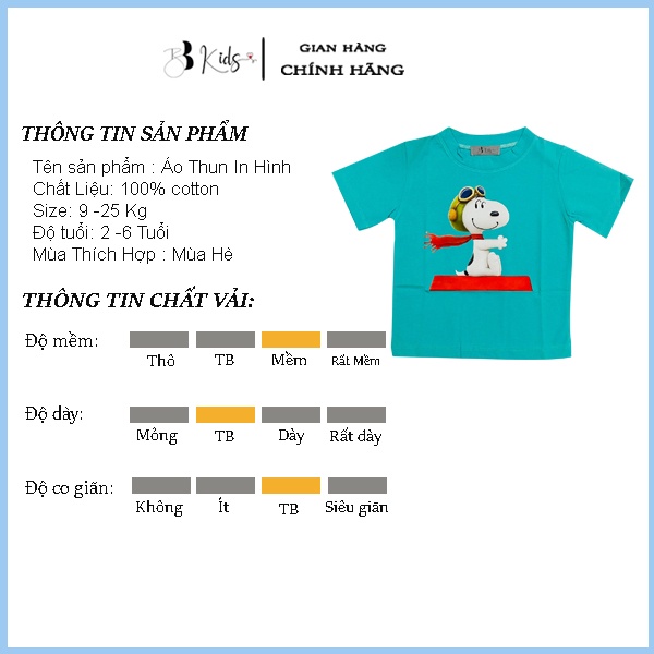 Áo Thun Ngắn Tay Cho Bé BB Kids In Hình chú chó Snoopy Chất Liệu Cotton 100% Co Giãn 4 Chiều