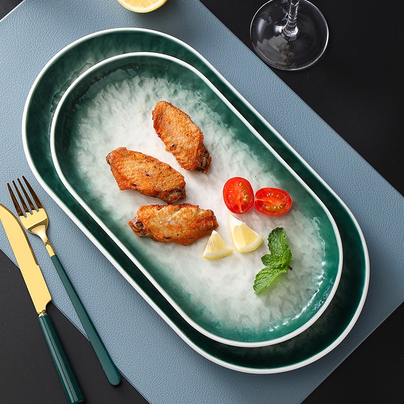 Đĩa sứ đài đựng cá, đĩa oval/bầu dục vân đá chống xước phong cách Bắc Âu - Đĩa Sứ cao cấp không chì