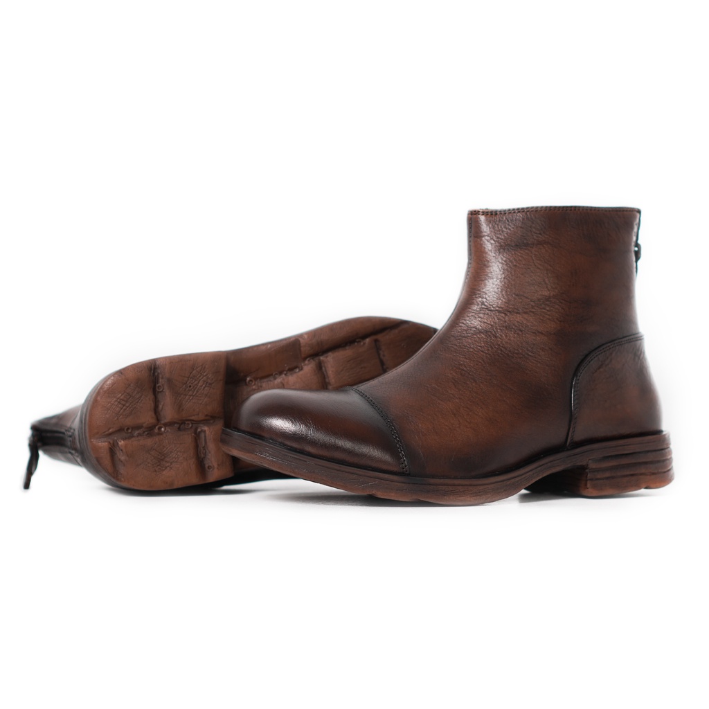 Giày boot nam cổ lửng RETRO màu nâu, giày công sở da bò thật TONKIN