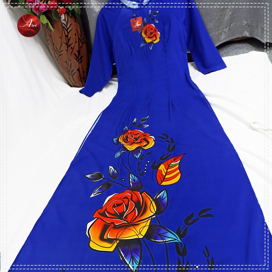 Áo dài nữ lụa nhật màu xanh coban họa tiết hoa hồng - Áo dài Airi