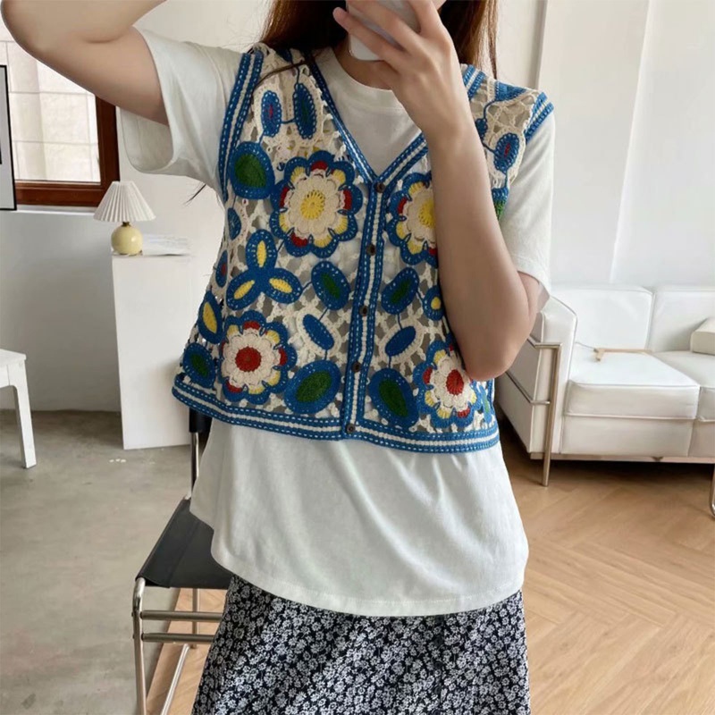 Áo Sweater Không Tay Họa Tiết Thêu Hoa Thời Trang Hè Thu Cho Nữ