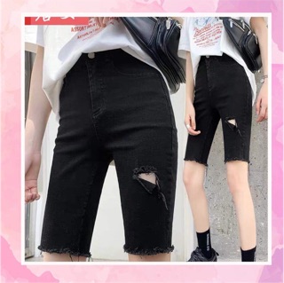Quần Ngố Lửng Đen Rách [Size Đại 32-36] - Lưng Cao - Co Giãn Mạnh